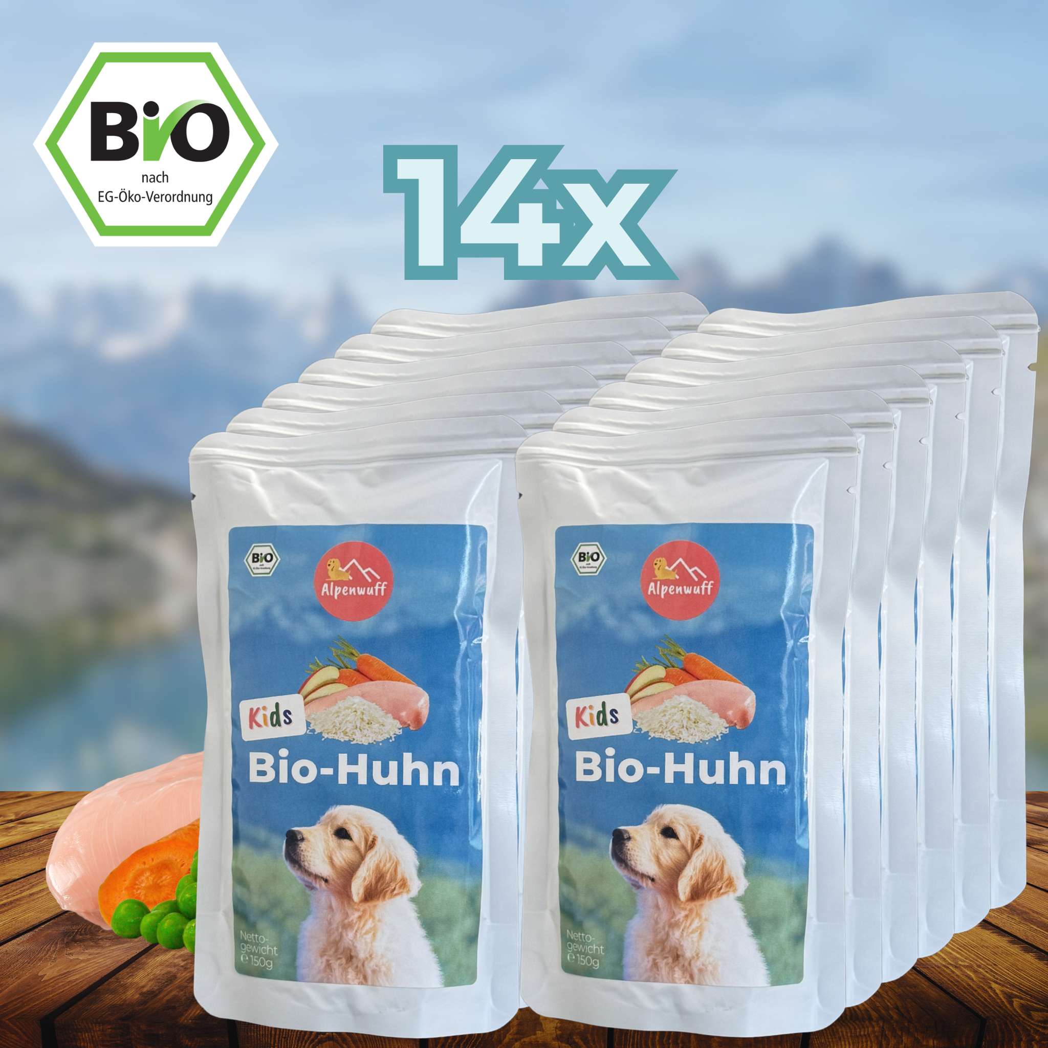 Kids Bio-Hundefutter Nass: Huhn mit Karotte und Lachsöl für Welpen